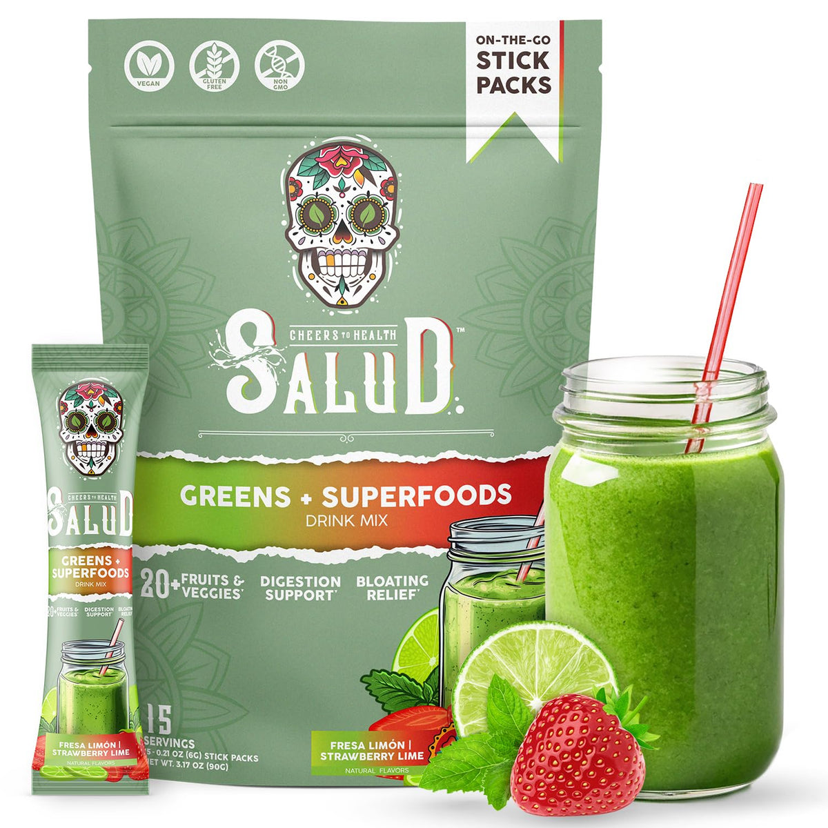 Taste Salud 2-in-1 Greens pack open for on-the-go daily greens.