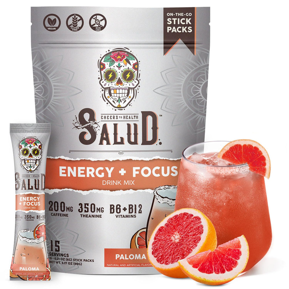 Taste Salud Salud Paloma powder-pack transforms water into a flavorful energy drink for focus