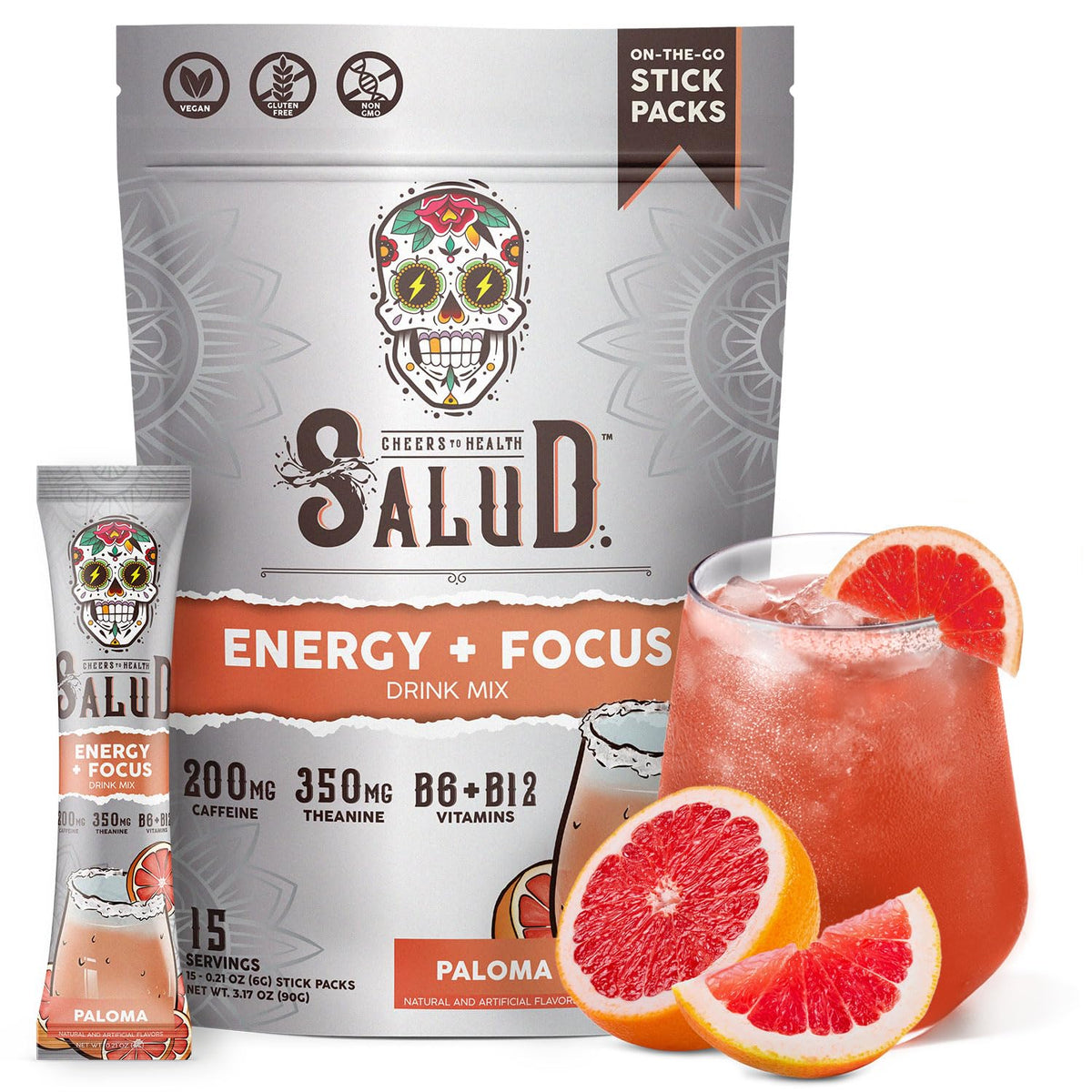 Taste Salud Salud Paloma powder-pack transforms water into a flavorful energy drink for focus