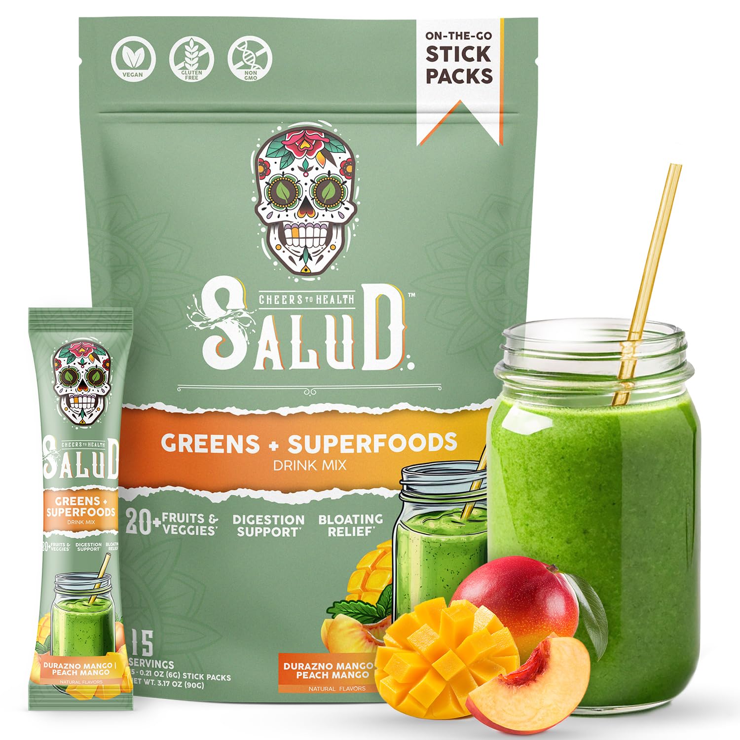 Taste Salud 2-in-1 Greens Packets pouring powder for a quick daily greens boost