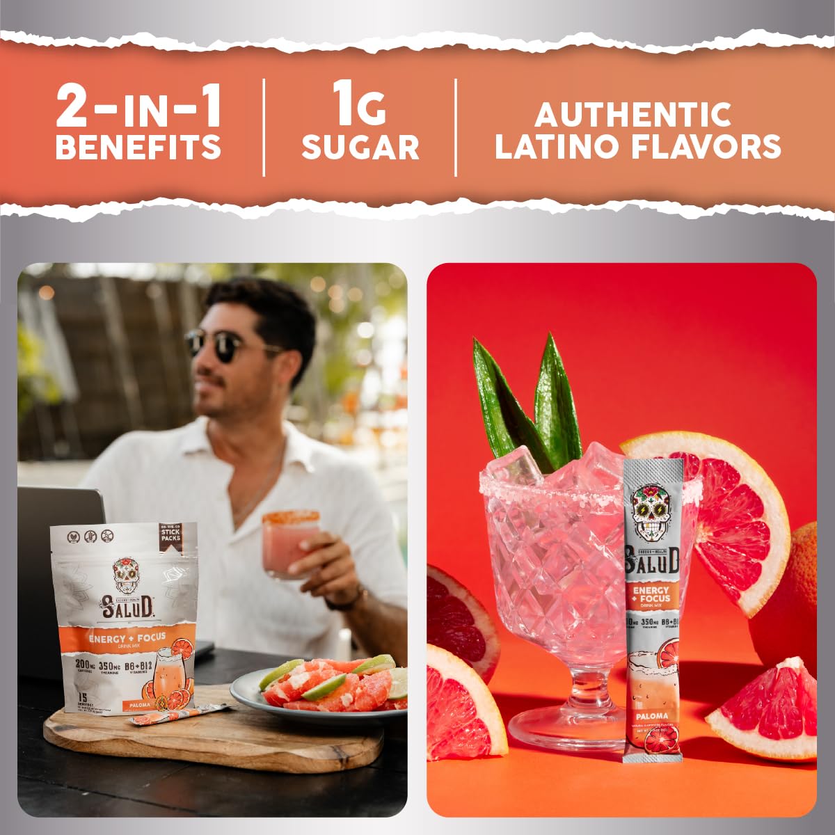 Taste Salud stick pack being stirred into water for easy on-the-go energy