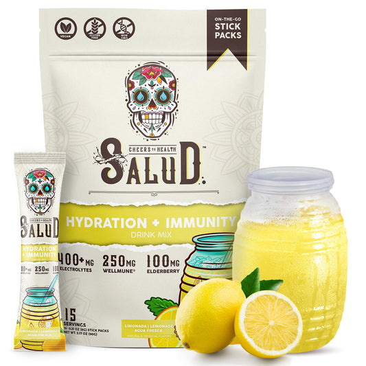Taste Salud two-in-one hydration packets with lemonade glass for quick hydration after workouts