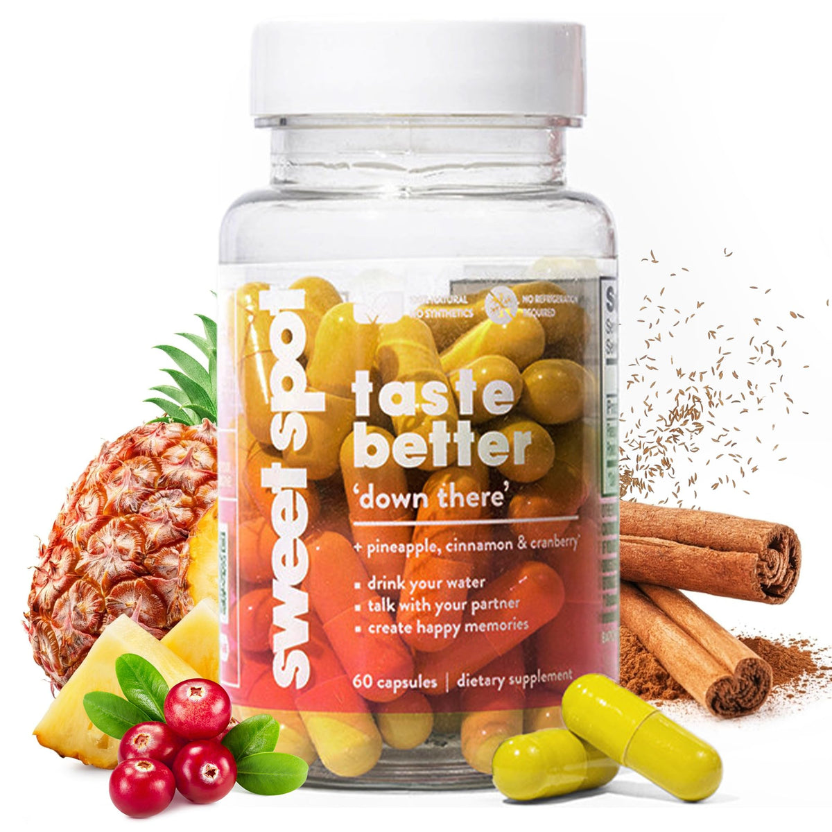 Taste the Sweet Spot bottle pour showing easy daily vaginal health support