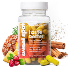 Taste the Sweet Spot bottle pour showing easy daily vaginal health support