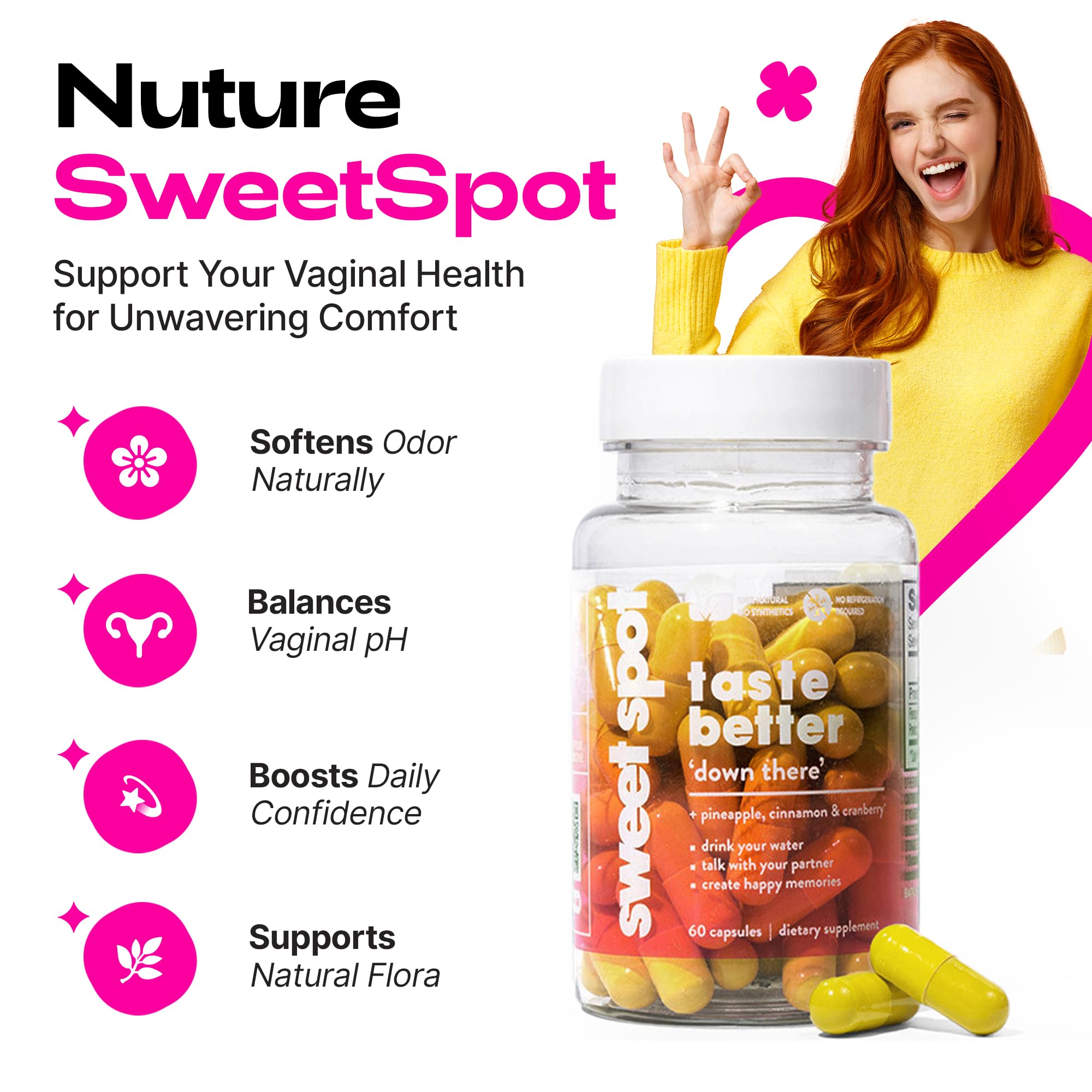 Taste the Sweet Spot capsules closeup highlighting vegan, sugar-free formula