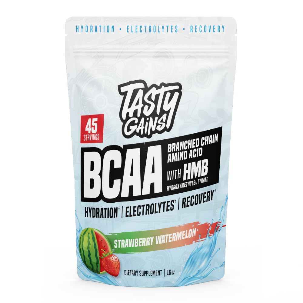 TASTY GAINS bottle pouring BCAA and EAA blend for post-workout recovery