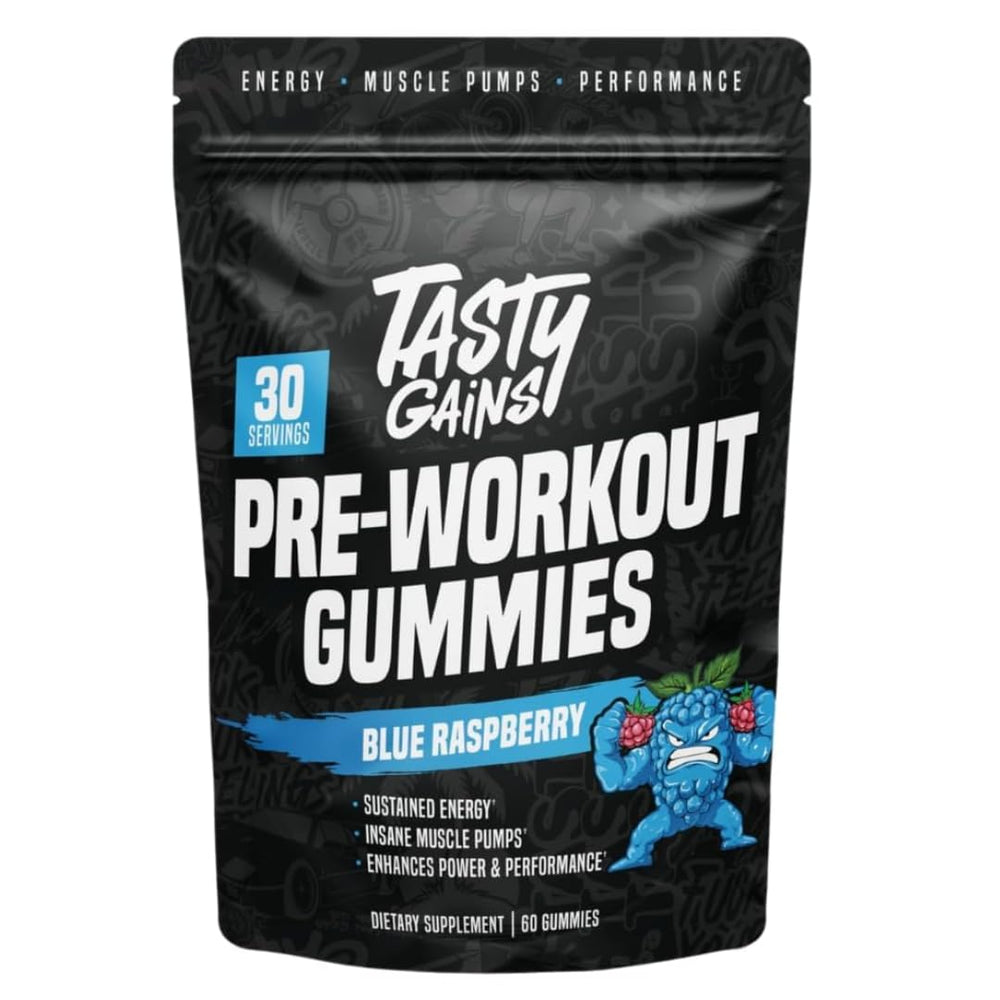 TASTY GAINS blue raspberry pre-workout gummy for clean energy and focus during workouts.