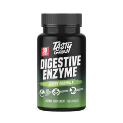 TASTY GAINS complete digestive enzymes bottle pour supports smoother digestion and nutrient absorption.