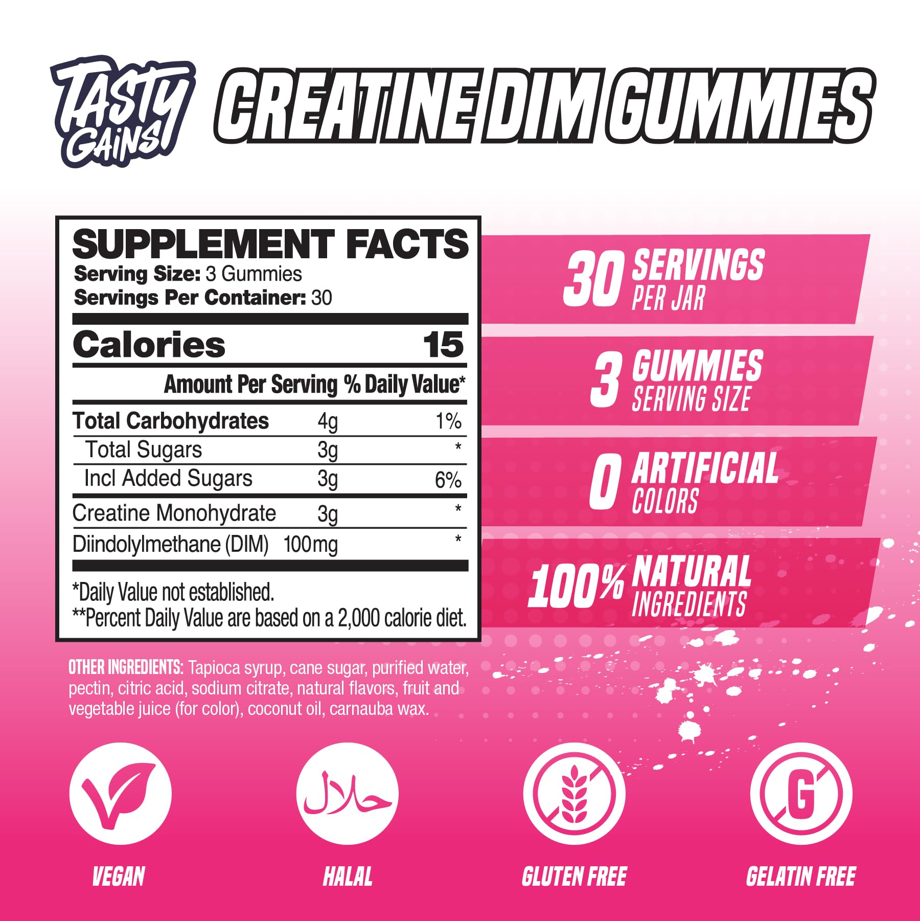 TASTY GAINS gummies with label emphasizing creatine and DIM for women