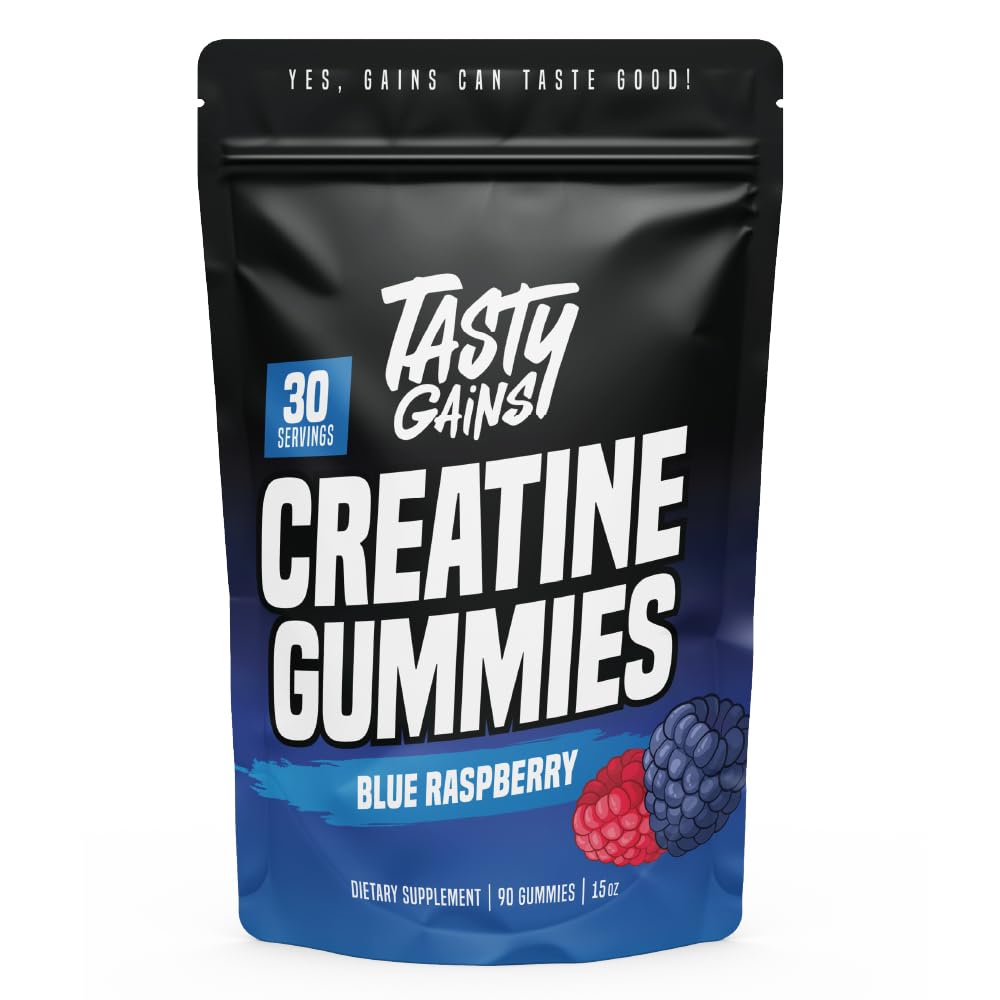 TASTY GAINS Creatine Gummies blue raspberry bottle for convenient daily supplementation