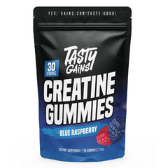 TASTY GAINS Creatine Gummies blue raspberry bottle for convenient daily supplementation