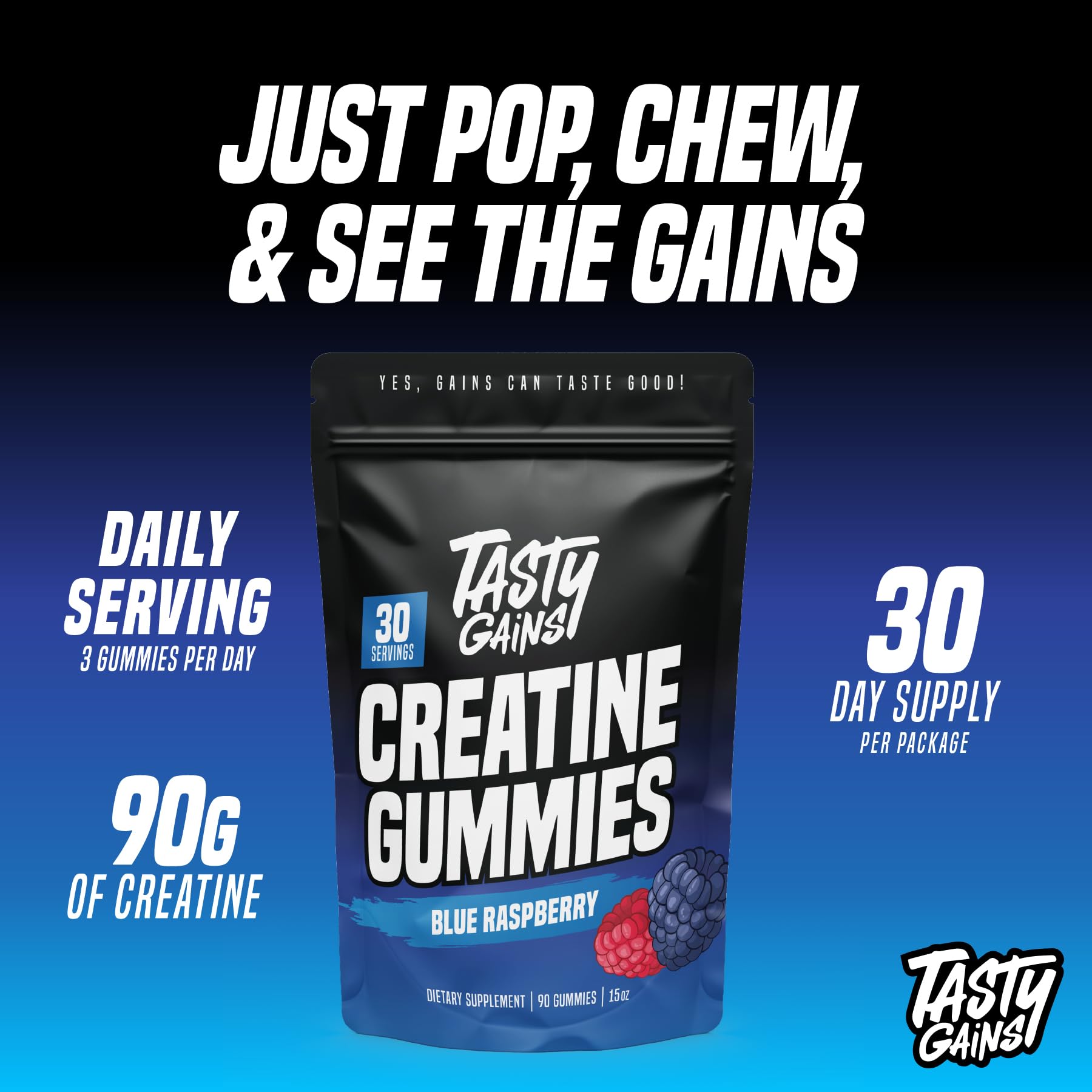 TASTY GAINS Creatine Gummies close-up showing chewy texture and post-workout use