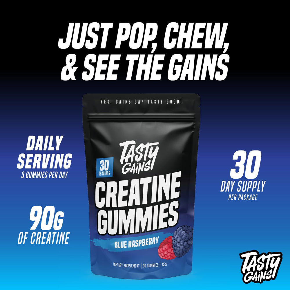 TASTY GAINS Creatine Gummies close-up showing chewy texture and post-workout use