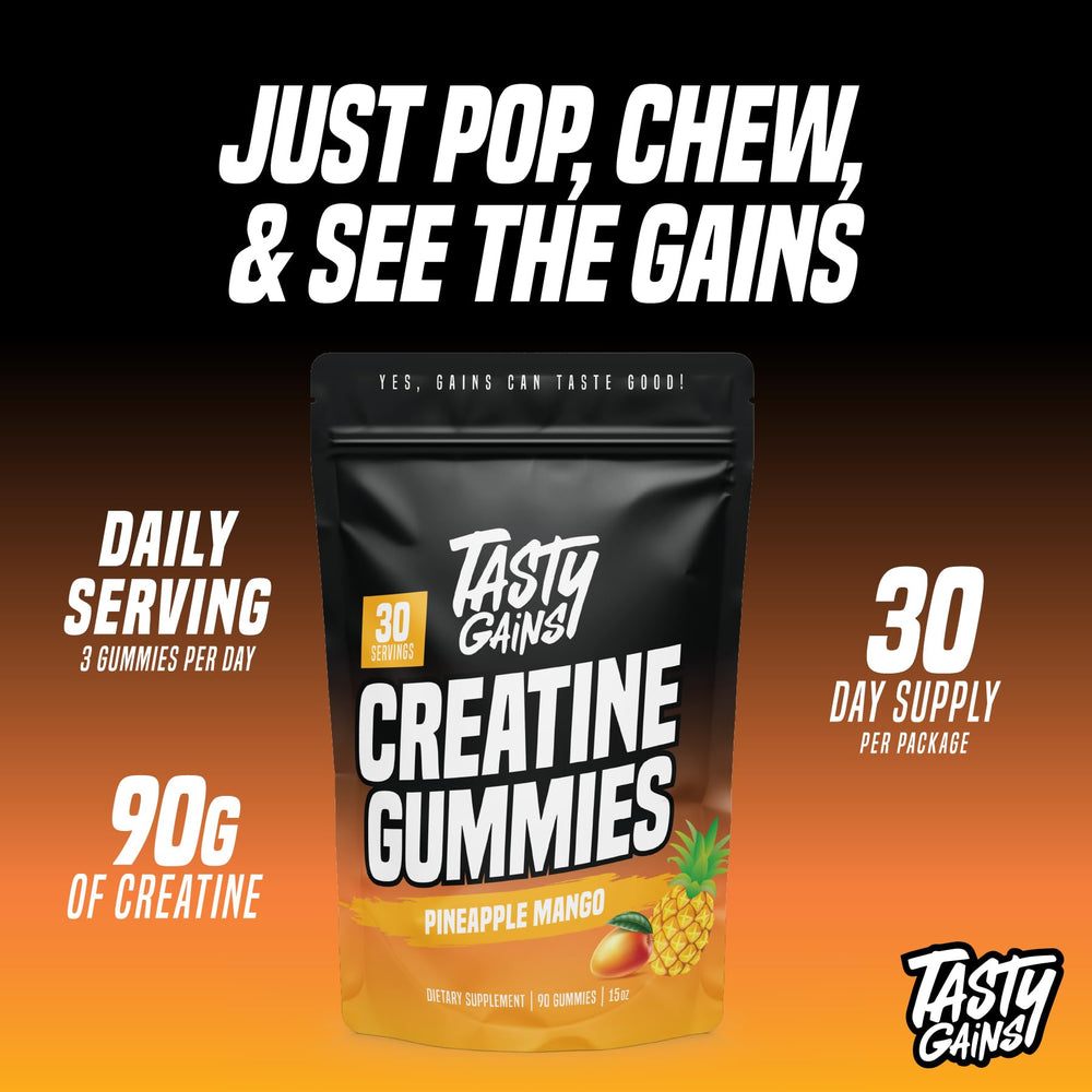 Close-up of TASTY GAINS Creatine Gummies bottle for easy dosing during workouts.