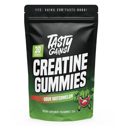 Tasty Gains Creatine Gummies bottle in hand, convenient daily support for workouts.