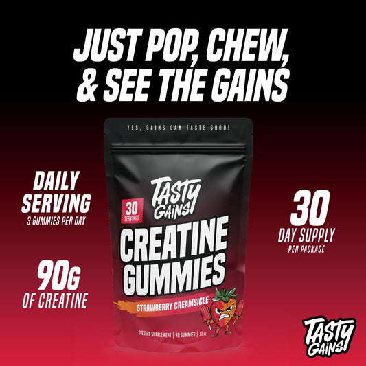 Close-up of TASTY GAINS Creatine Gummies highlighting strawberry cream flavor.