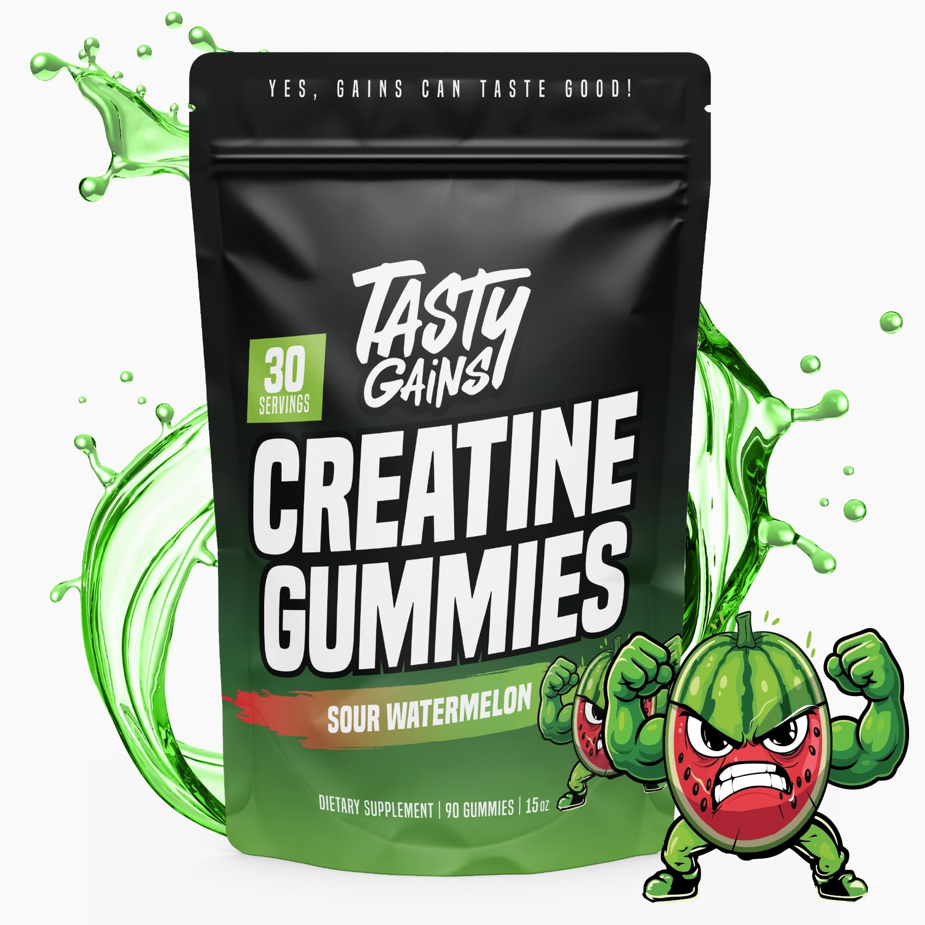 Tasty Gains Creatine Gummies closeup, chewy texture and watermelon flavor for workouts.