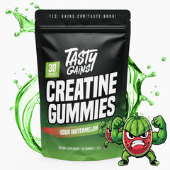 Tasty Gains Creatine Gummies closeup, chewy texture and watermelon flavor for workouts.