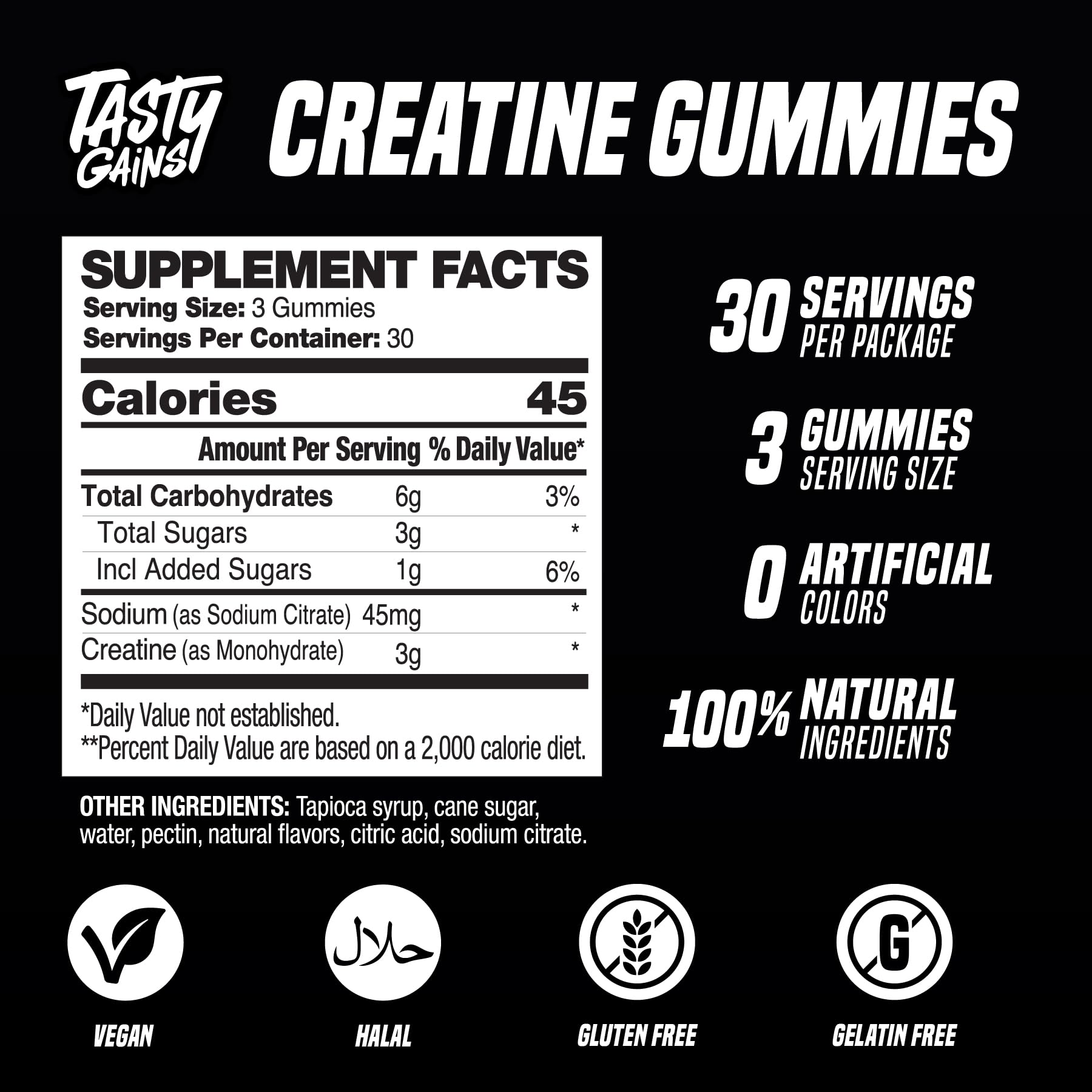 Tasty Gains Creatine Gummies different angle, portable packaging for gym use.