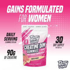 TASTY GAINS DIM gummies bottle highlights estrogen balance support for women.