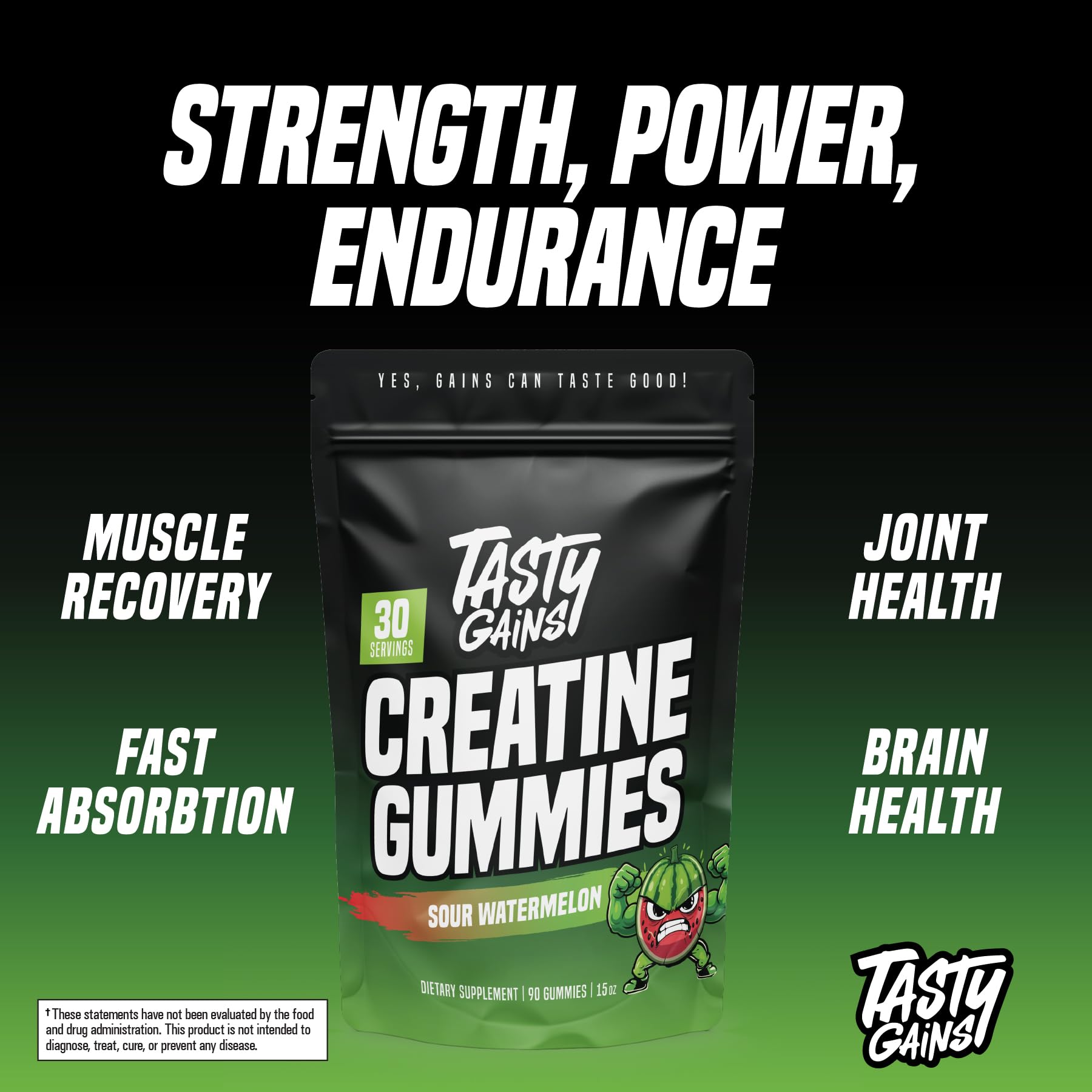 Tasty Gains Creatine Gummies in pack, 30-day supply for consistent training.