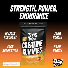 Ingredient panel highlights creatine monohydrate in vegan formula.