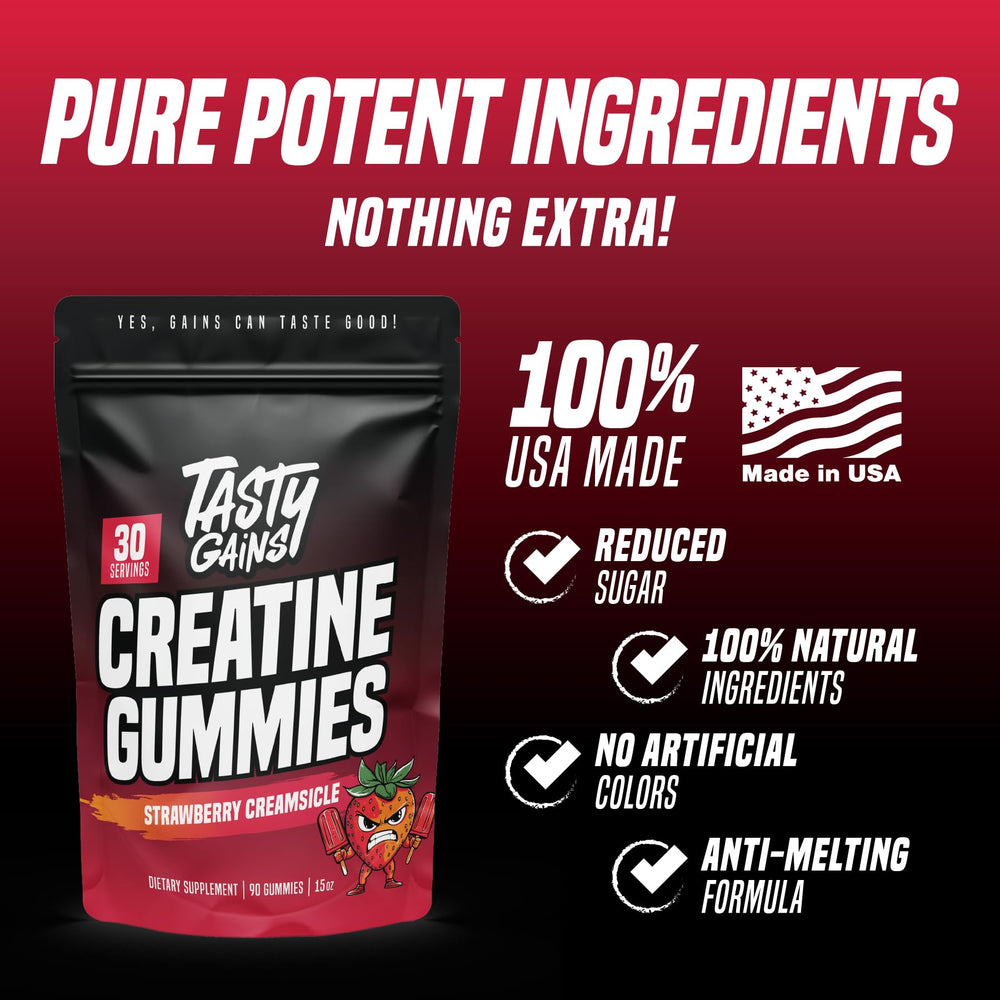 Jar of TASTY GAINS Creatine Gummies on a counter ready to grab post-workout.