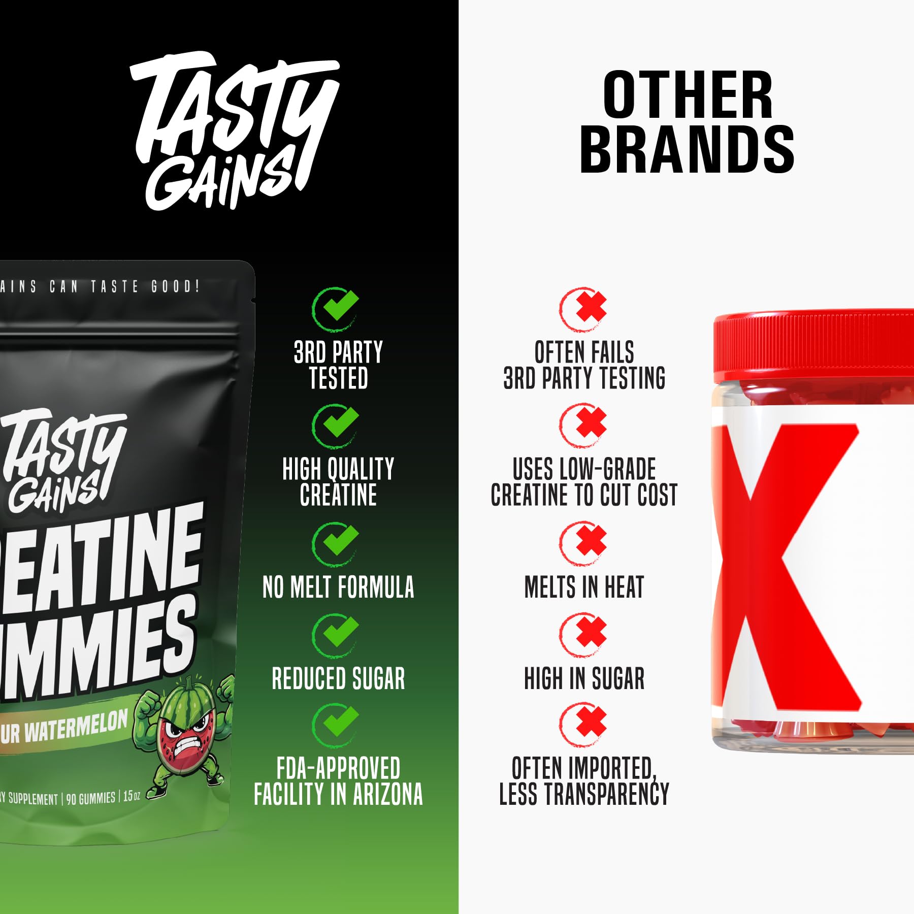 Tasty Gains Creatine Gummies label, USA-made vegan option for a clean routine.