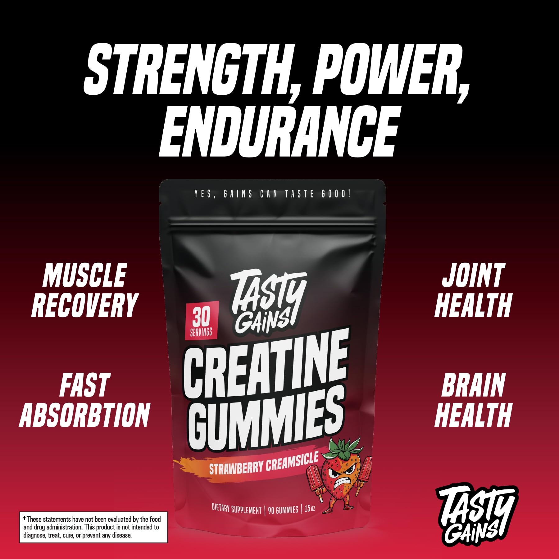 Made in USA seal with TASTY GAINS Creatine Gummies on display.