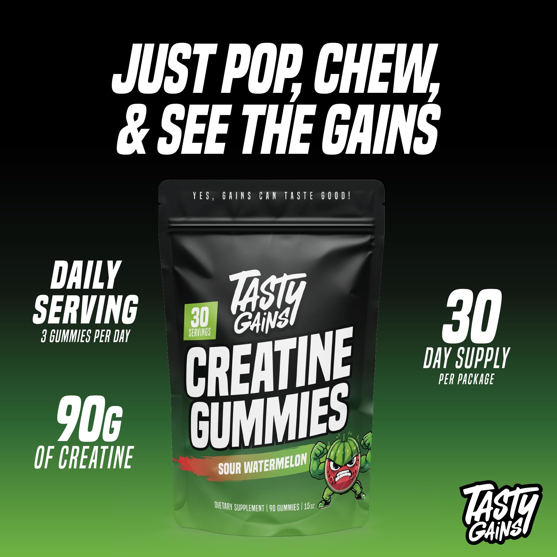 Tasty Gains Creatine Gummies on-hand, convenient daily dose for training.