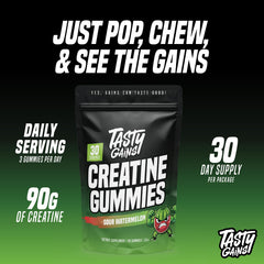 Tasty Gains Creatine Gummies on-hand, convenient daily dose for training.