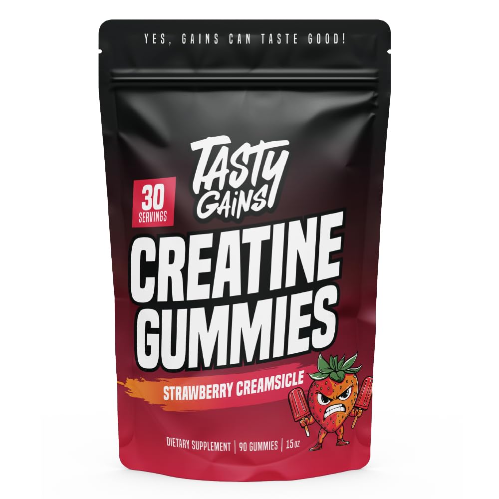 TASTY GAINS Creatine Gummies packaging shown for easy daily muscle support.