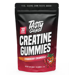 TASTY GAINS Creatine Gummies packaging shown for easy daily muscle support.