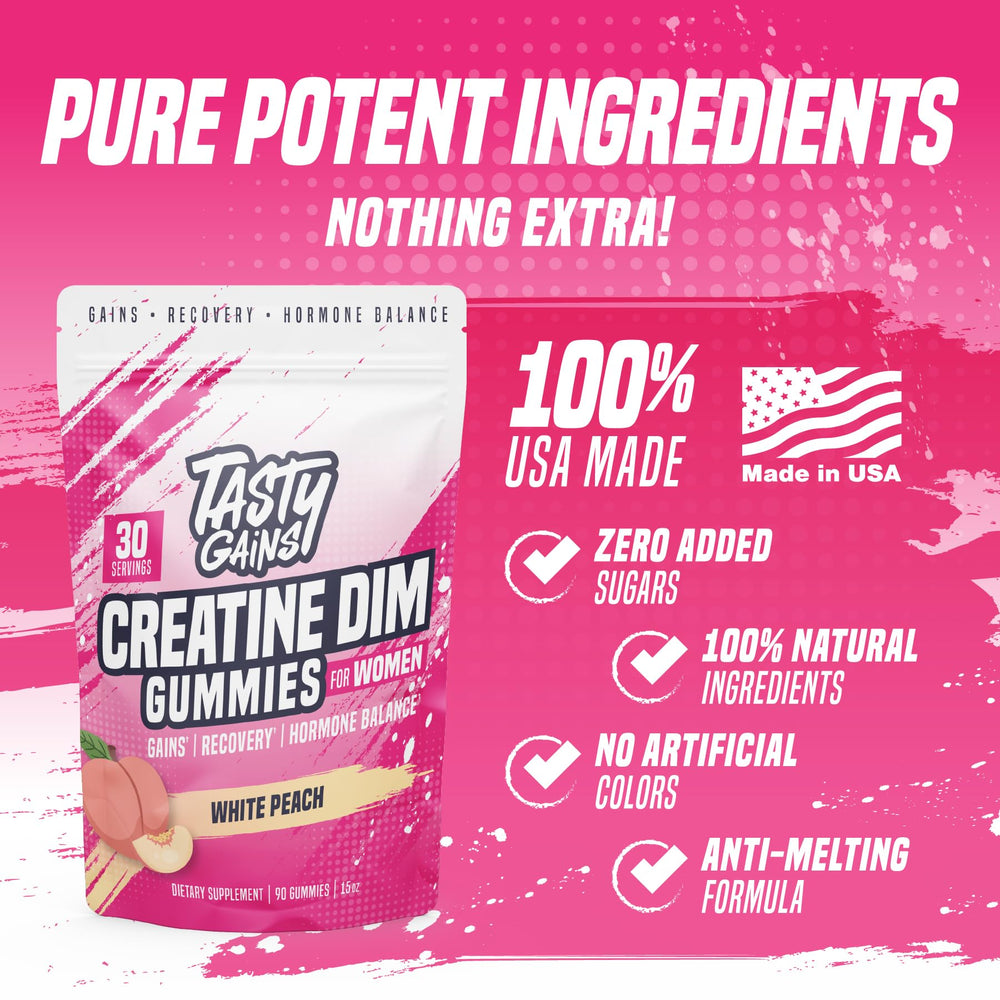 Vegan, gelatin-free packaging of TASTY GAINS creatine gummies for active women.