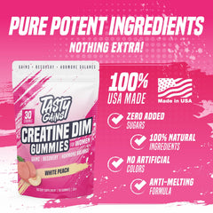 Vegan, gelatin-free packaging of TASTY GAINS creatine gummies for active women.