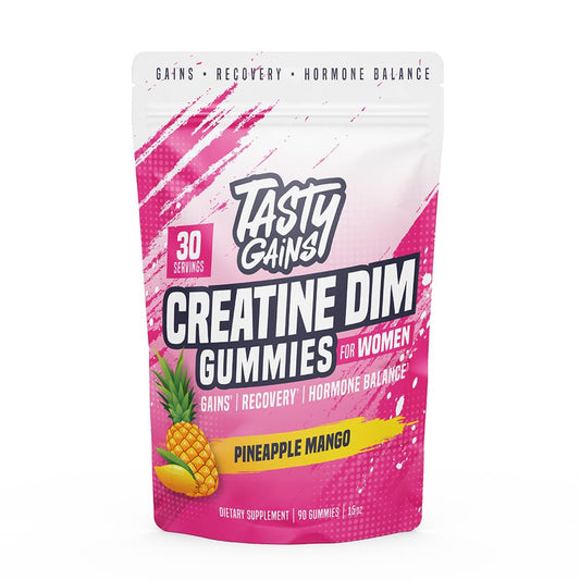 TASTY GAINS Creatine Gummies for Women bottle with pineapple mango flavor for workouts