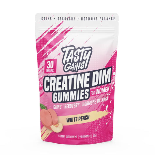 TASTY GAINS Creatine Gummies for Women bottle shows label supporting lean muscle.