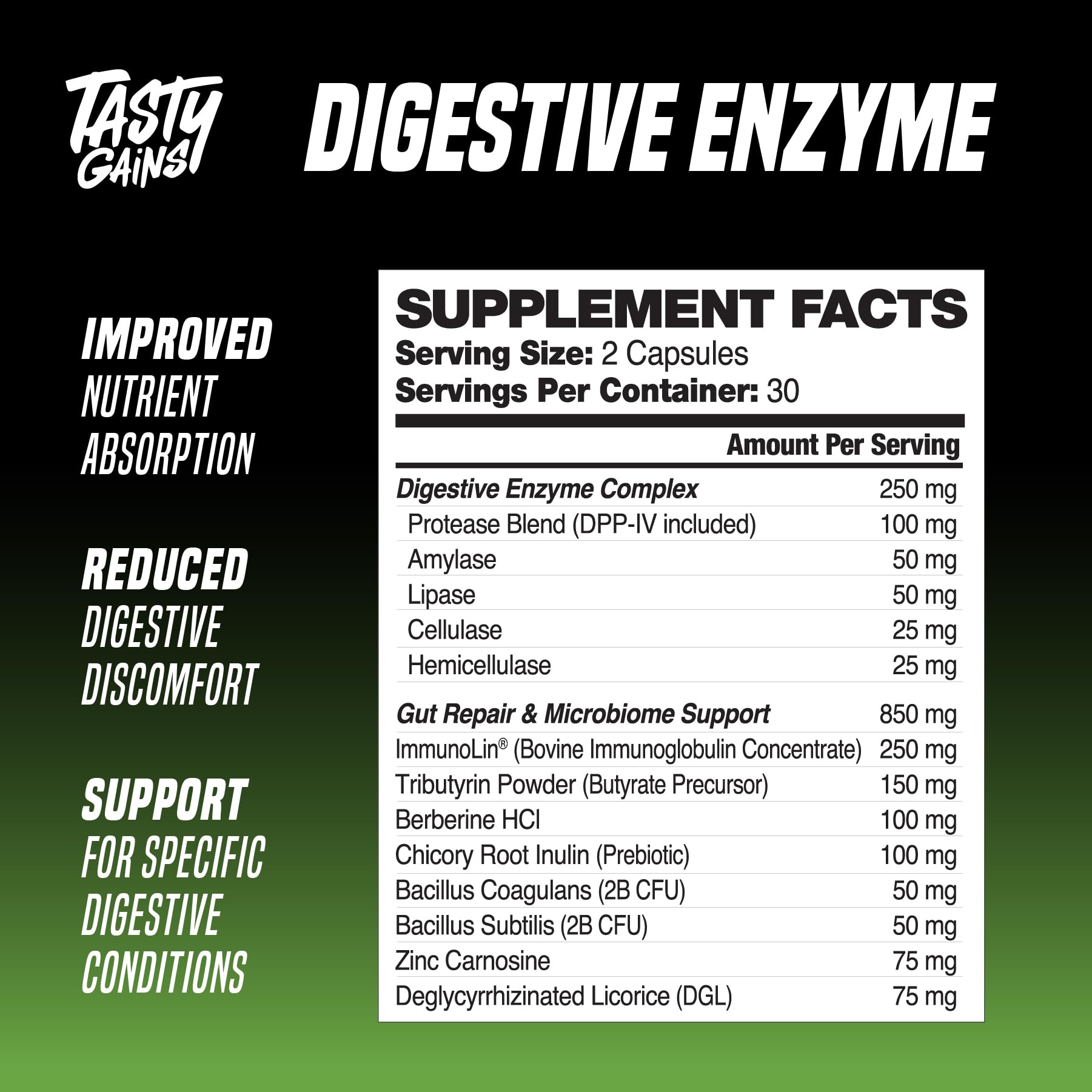 TASTY GAINS gut-health-packaging product shot highlights convenient two-capsule serving.