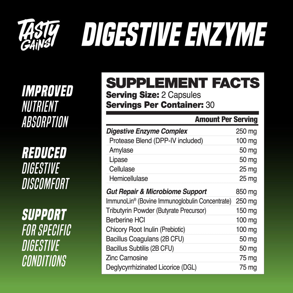 TASTY GAINS gut-health-packaging product shot highlights convenient two-capsule serving.