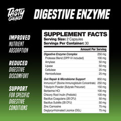 TASTY GAINS gut-health-packaging product shot highlights convenient two-capsule serving.