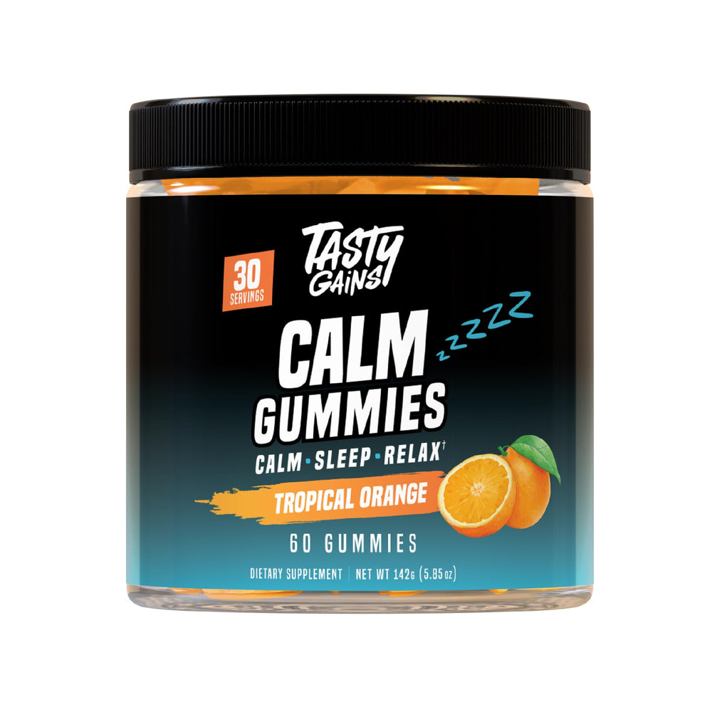 TASTY GAINS Magnesium Gummies bottle pour highlights a sugar-free calm daily routine