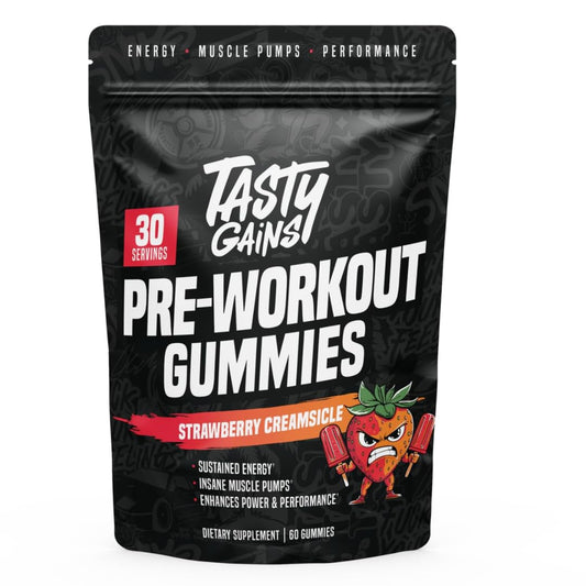 TASTY GAINS pre-workout gummies in Strawberry Creamsicle flavor for clean energy and focus during workouts