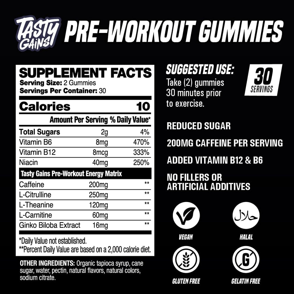 TASTY GAINS preworkout gummies bottle with flavor swatch suggests versatile taste and supplementation routine.