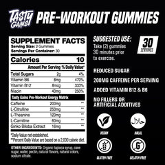 TASTY GAINS preworkout gummies bottle with flavor swatch suggests versatile taste and supplementation routine.