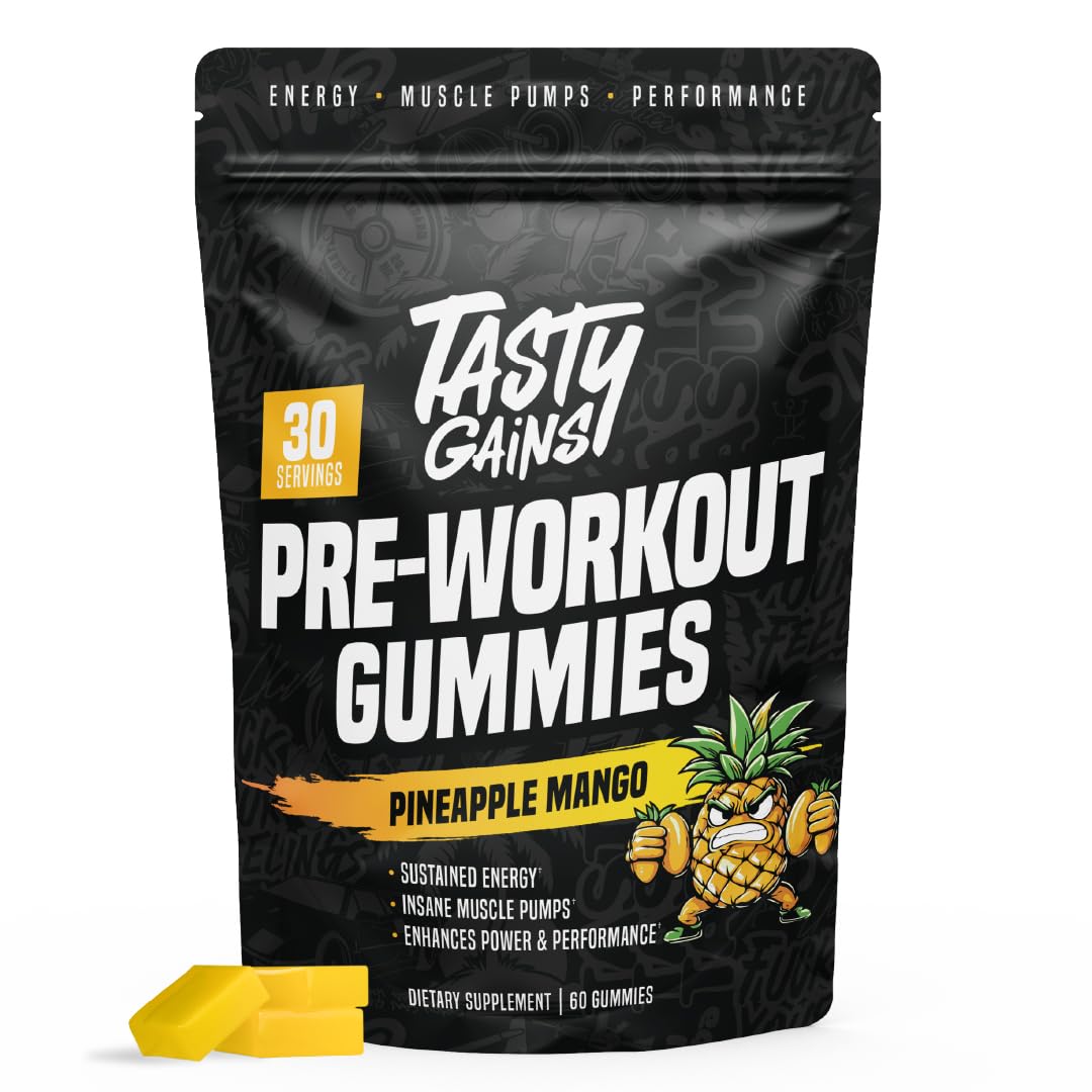 TASTY GAINS preworkout gummies bottle sideview for sustained energy and focus.