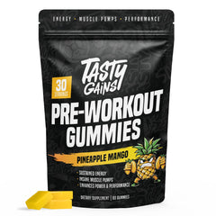 TASTY GAINS preworkout gummies bottle sideview for sustained energy and focus.