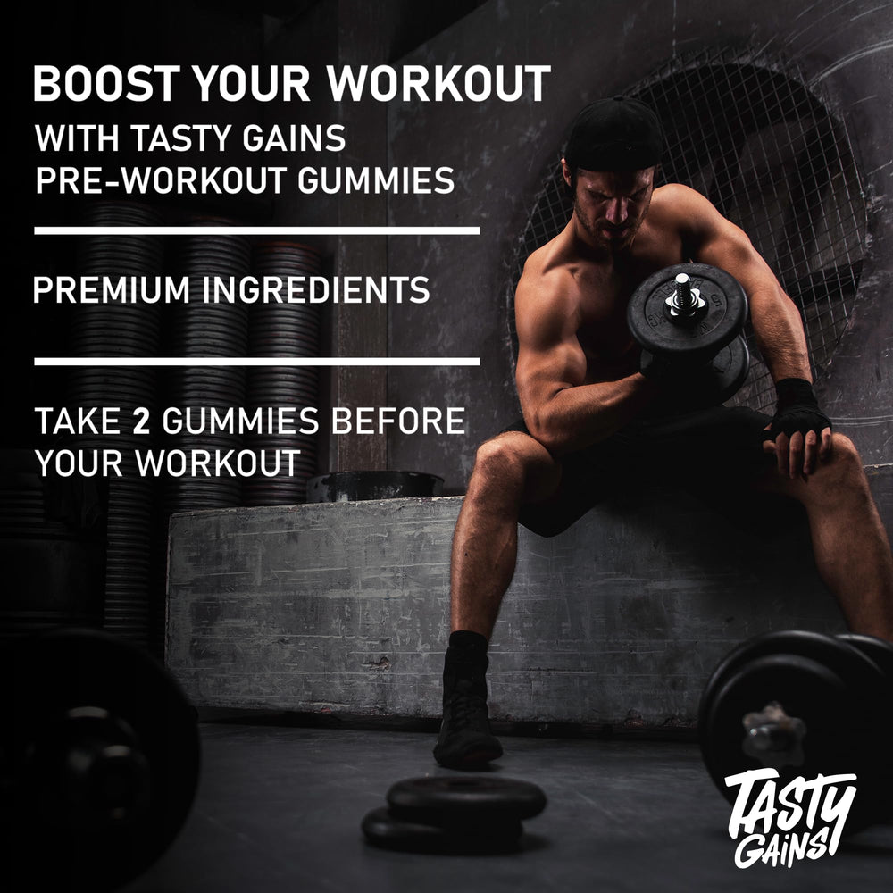 TASTY GAINS preworkout gummies caffeine boost jar highlights 200 mg caffeine per serving.