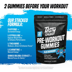 TASTY GAINS preworkout gummies on workout mat conveys ready-to-use energy.