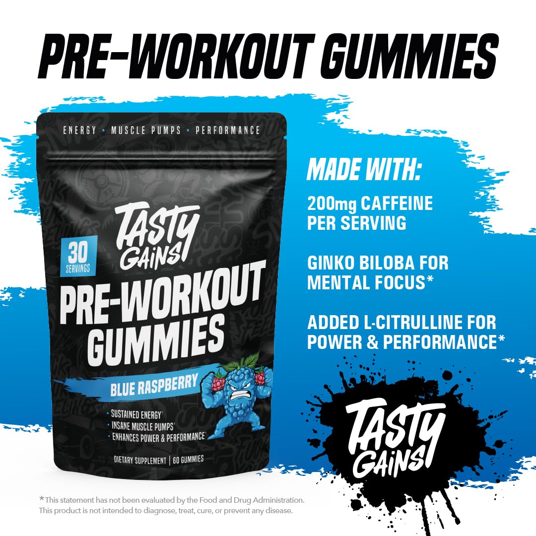 TASTY GAINS preworkout gummies pineapple mango flavor closeup promotes tasty energy on the go.