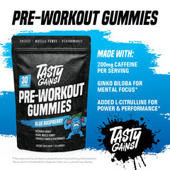 TASTY GAINS preworkout gummies pineapple mango flavor closeup promotes tasty energy on the go.
